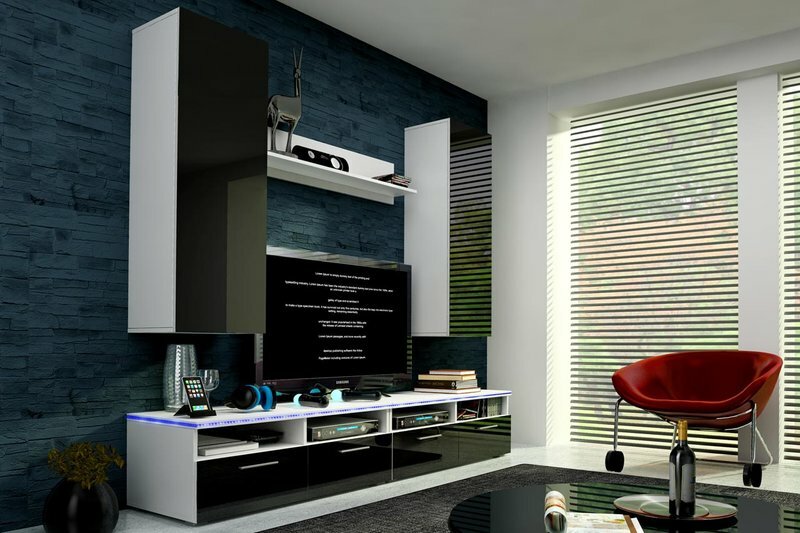 Hochglanz Wohnwand Schrankwand mit Led Beleuchtung CINEMA