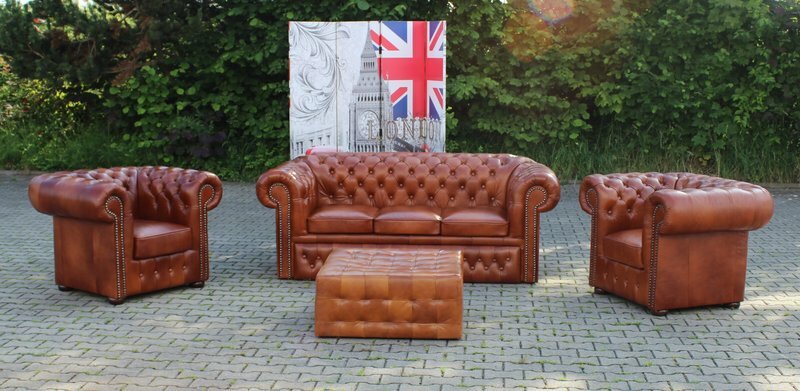 Sofagarnitur Chesterfield Sofa Couch Polster Vollleder 3+1+1 Sitzer Bettfunktion
