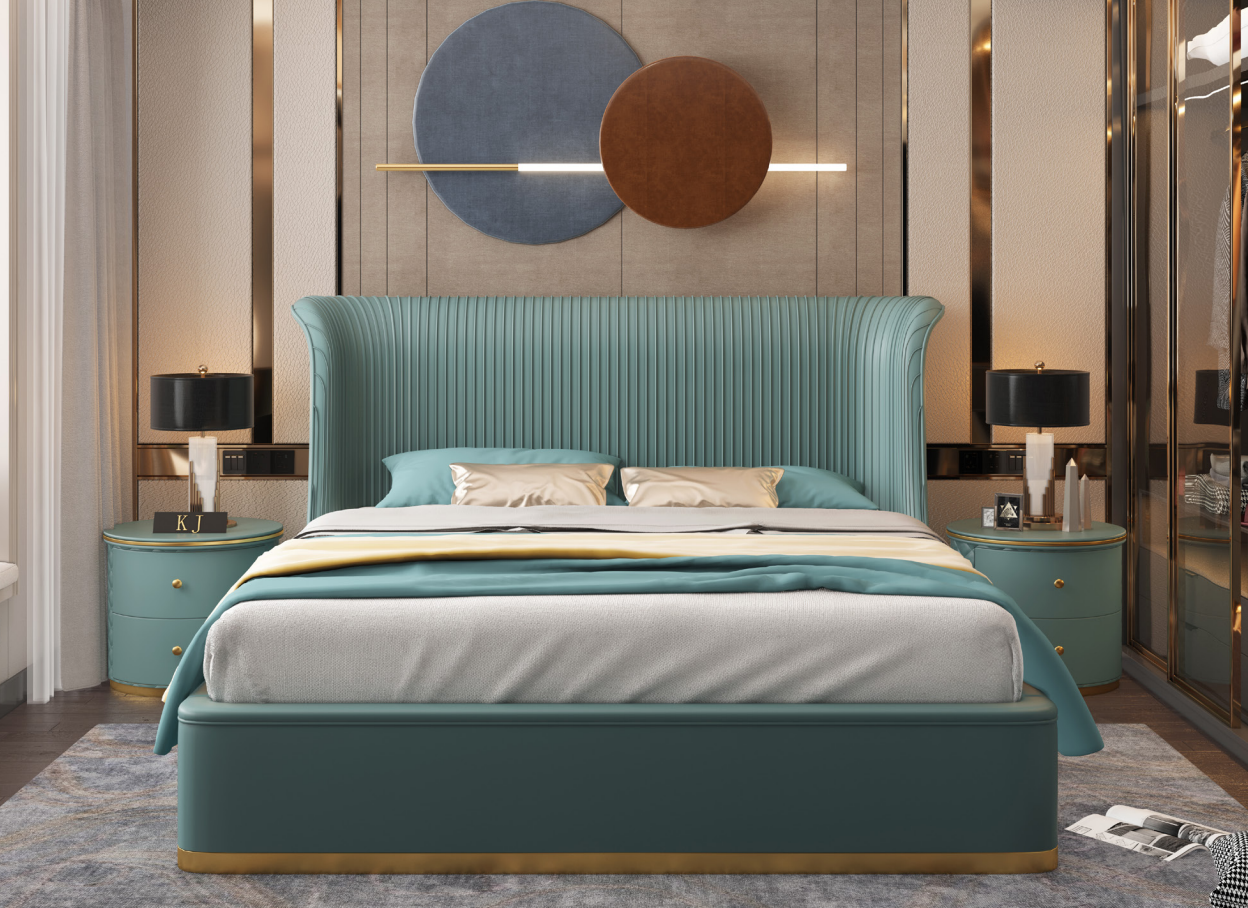 Luxus Schlafzimmer Bett Doppelbett Textil Holz Leder Polster Betten