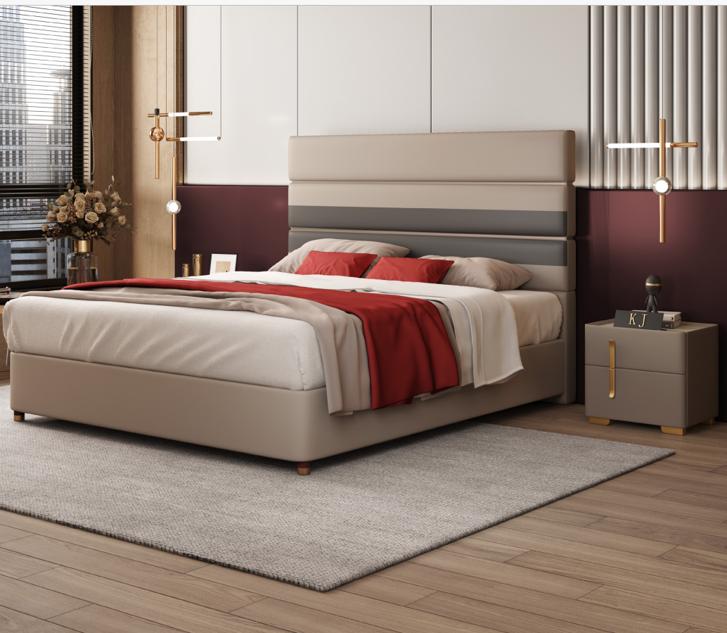 Leder Polster Bett Betten Hotel Luxus Designer Doppel Ehe Schlafzimmer Beige