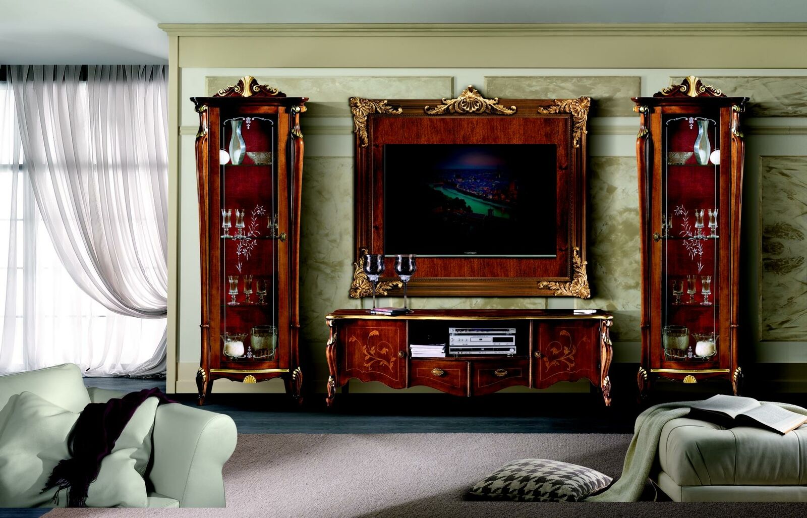 Set Garnitur 4tlg Italienische Möbel 2x Vitrine Sideboard RTV Wandplatte Schrank