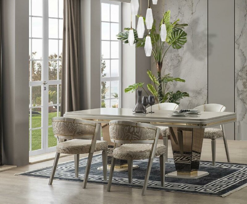 Garnitur Luxus Essgruppe Esszimmer Esstisch Stühle Essecke Beige 7tlg