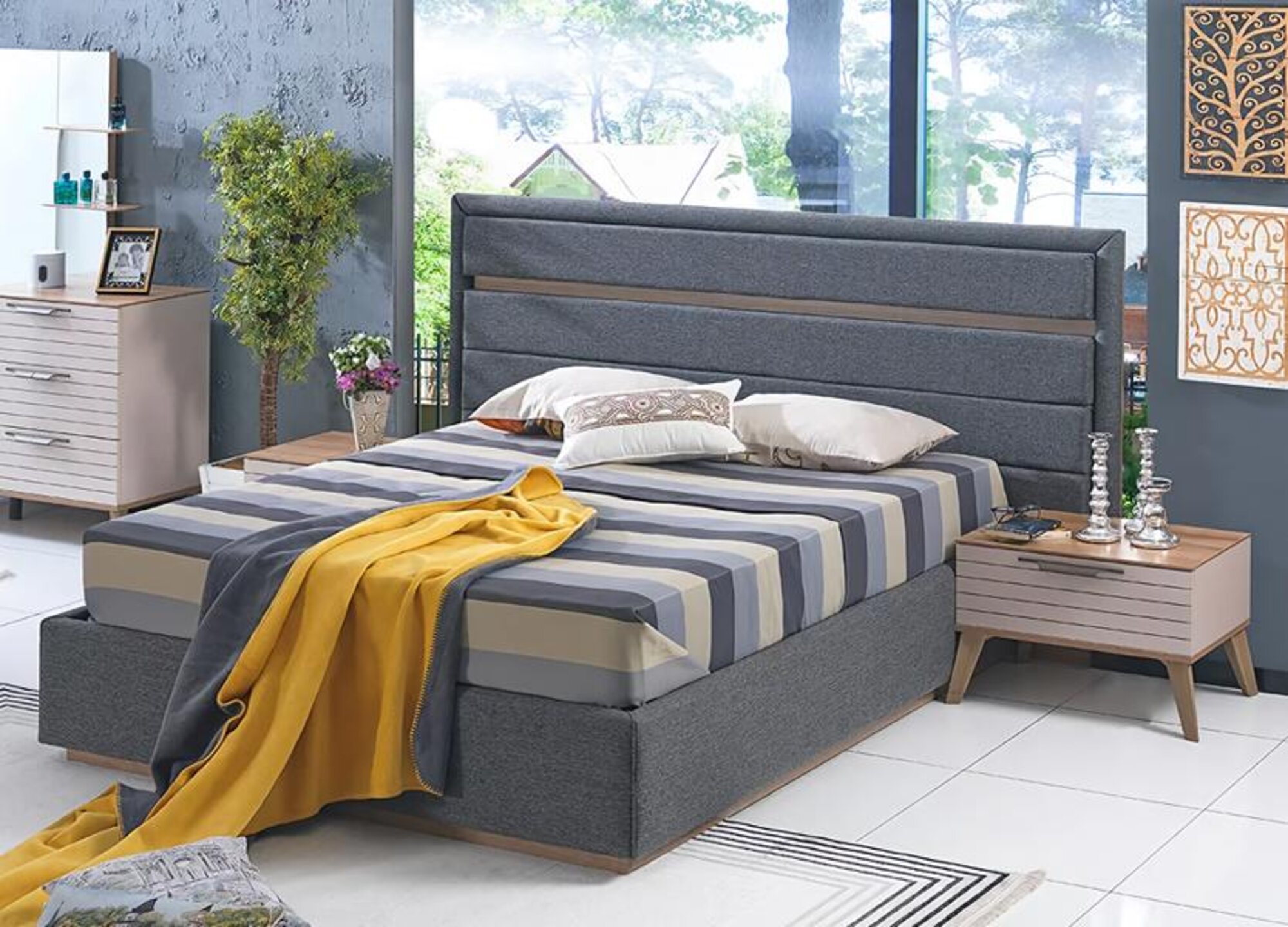 Komplett 3tlg Schlafzimmer Modern Designer Bett Luxus 2x Nachttische