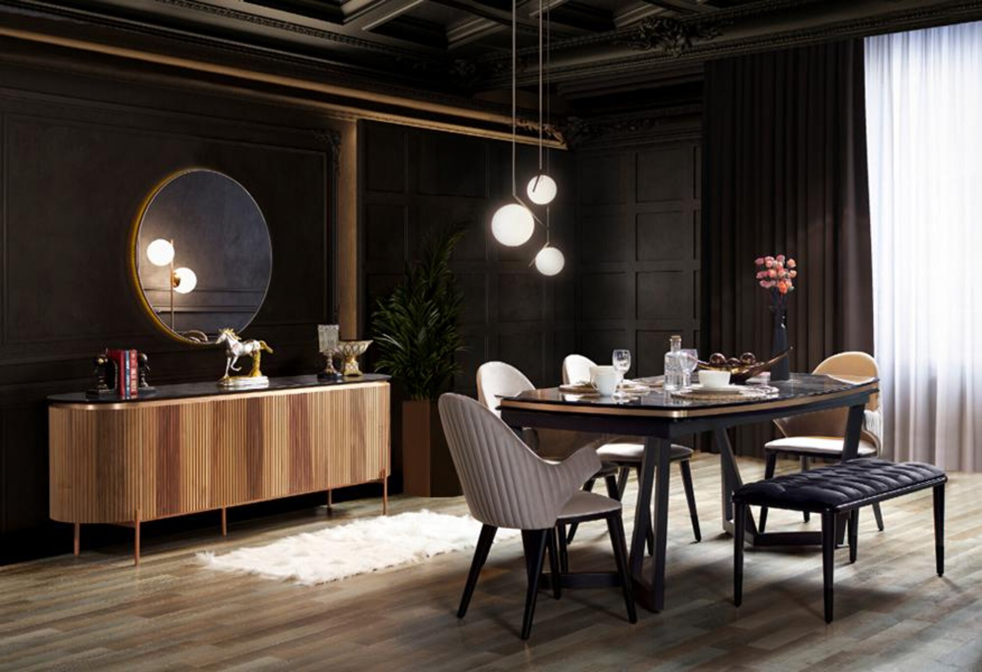 Hochwertig Esszimmer Set Esstisch mit 4x Stühle Hocker Kommode mit Spiegel