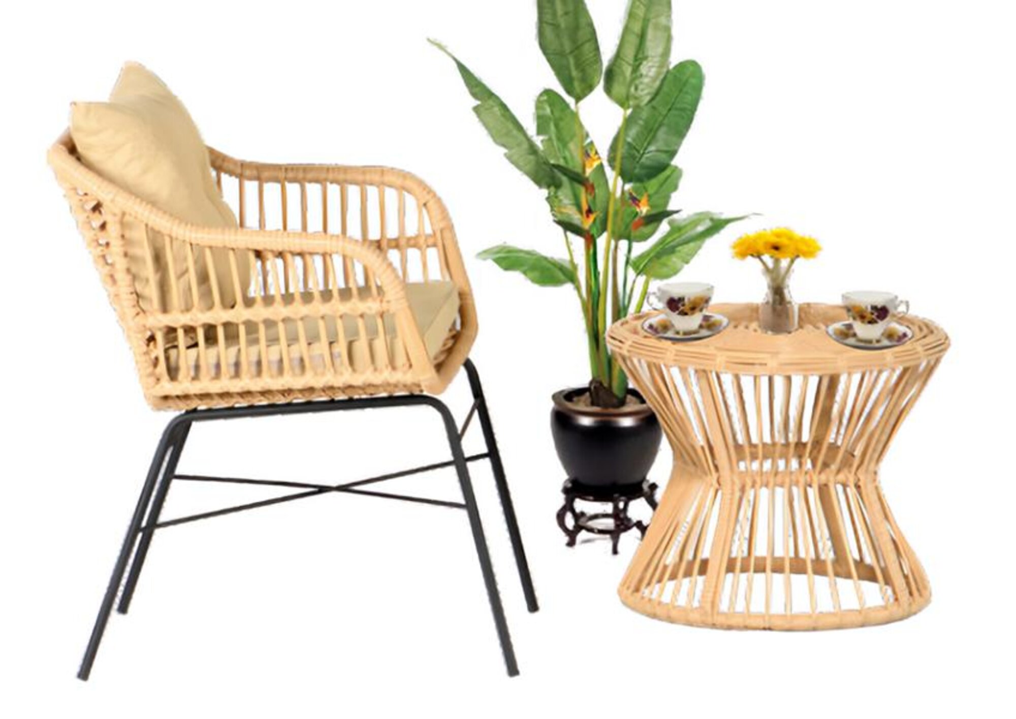 2tlg. Set Garten Möbel Terrasse Sessel Couchtisch Rattan Hochwertiges Modern Lux