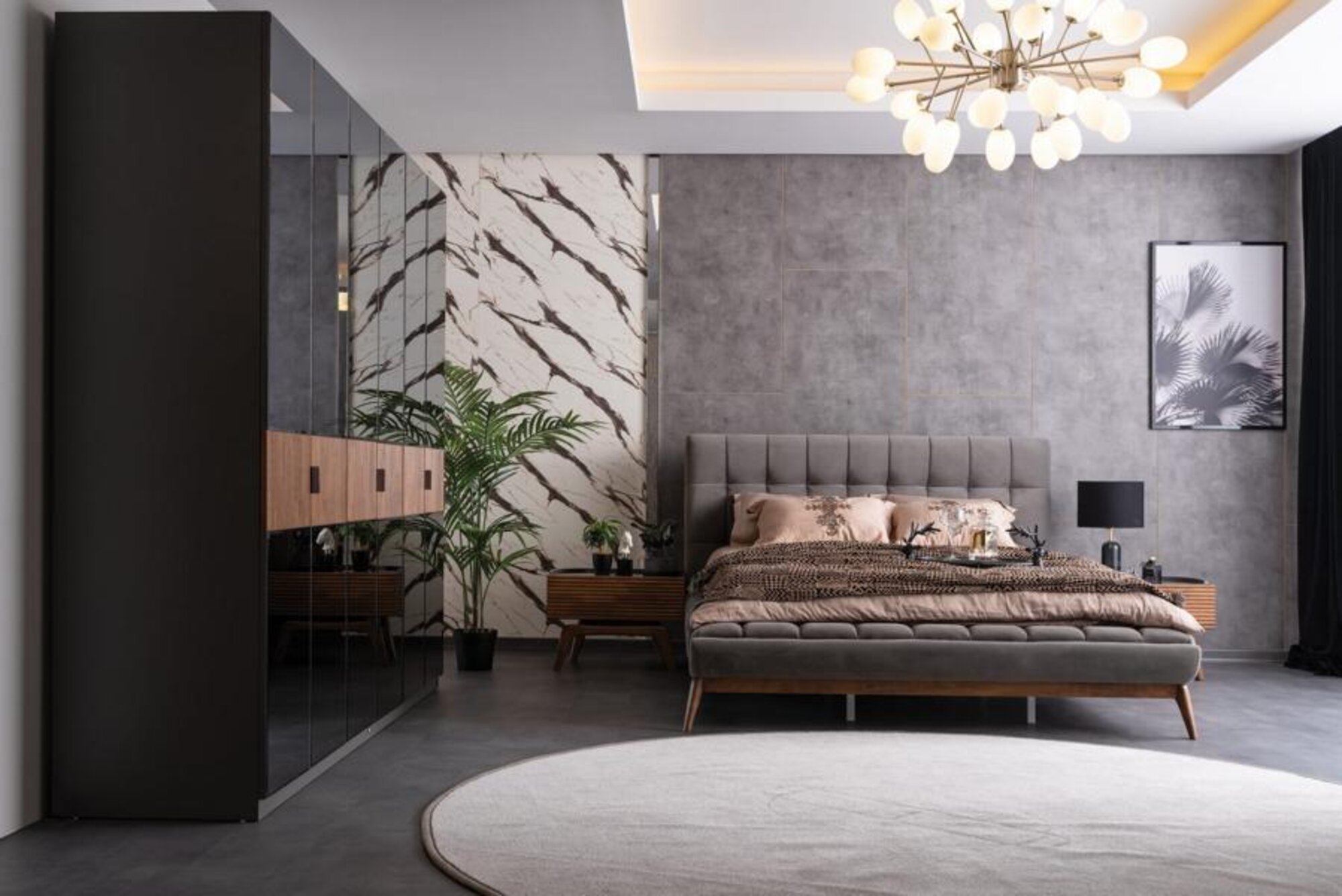 Bett 2x Nachttische Kleidershrank Verspiegelt Doppelbett Schlafzimmer Set