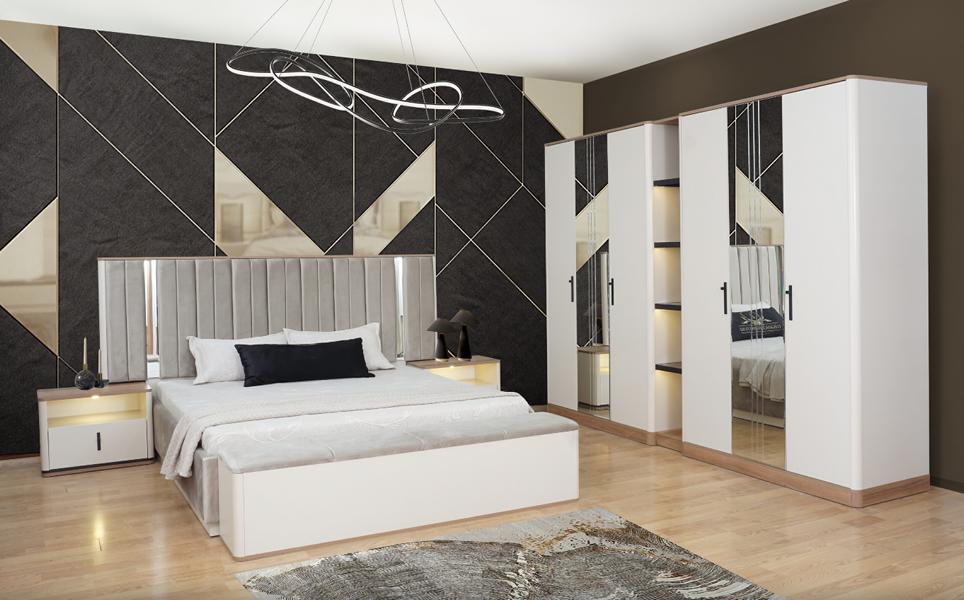 Bett Bank 2x Nachttische Kleiderschrank Verspiegelt Weiß Schlafzimmer 5tlg