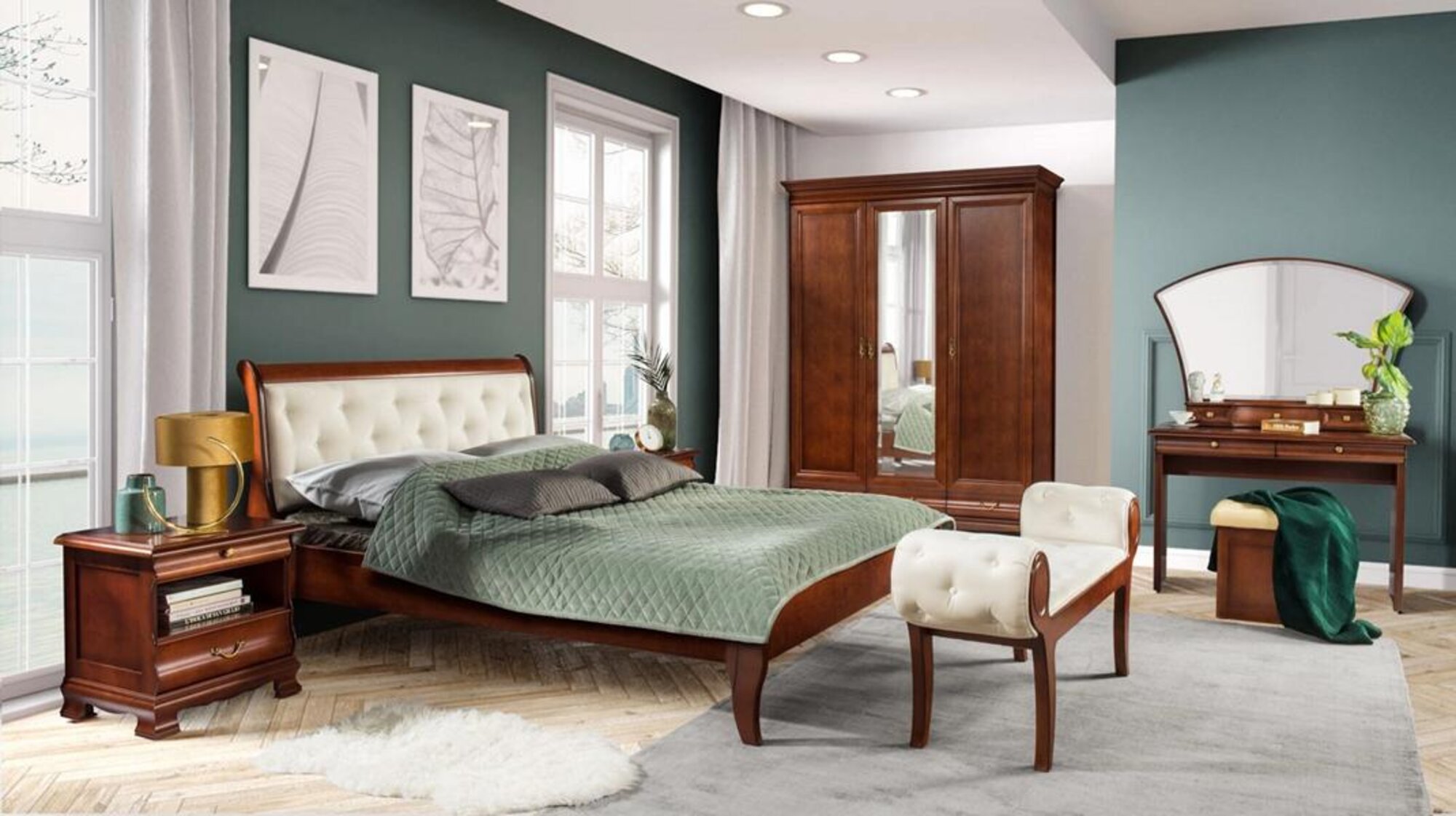 Schlafzimmer Set 6tlg 2x Nachttische Chesterfield Bett Holzmöbel Klassisches