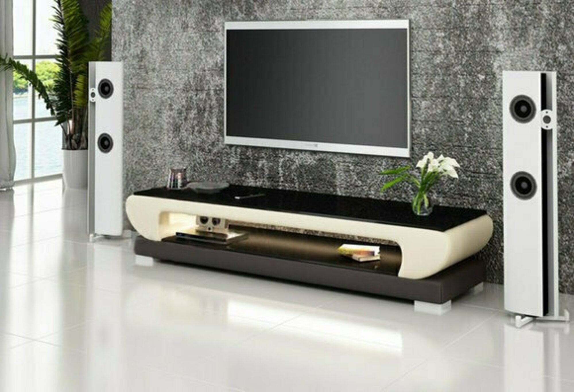 RTV TV Sideboard Leder Glas Tisch Fernseh Schrank Tisch Designer Neu