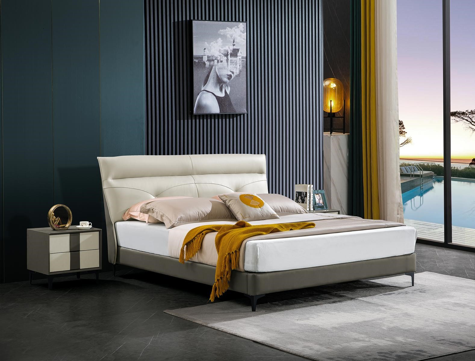 Schlafzimmer Lederbett Komplettes Bett Nachttischen 3 tlg. Garnitur Hotel Sets.