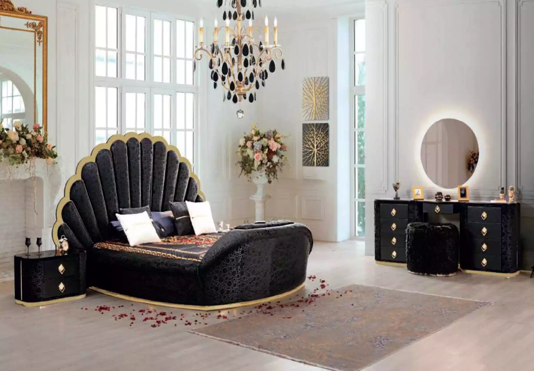 Schlafzimmer Set Luxusbett +2x Nachttische Schminktisch Rundbett 5-tlg.