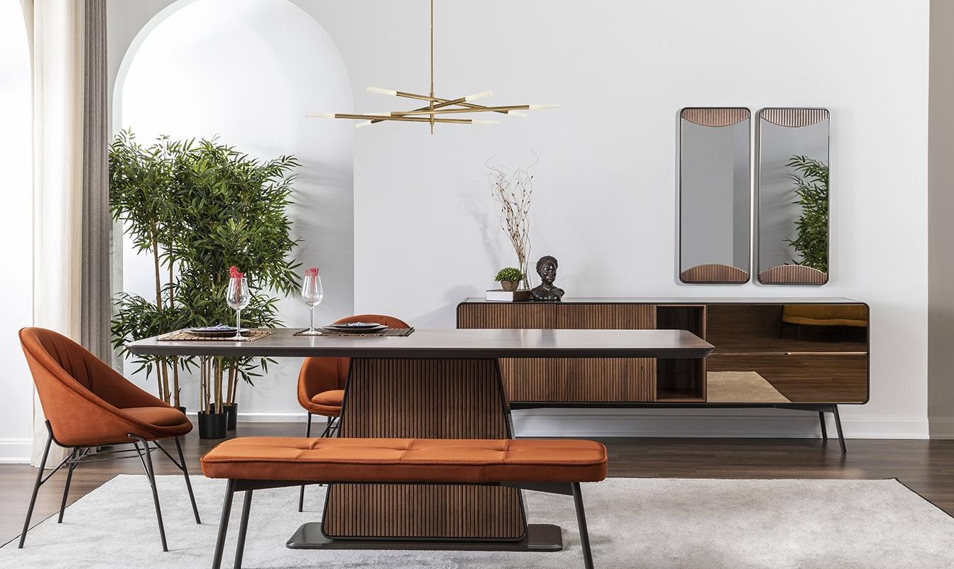 Essecke Essgruppe Esszimmer Esstisch Stühle Bank 8tlg Braun Orange