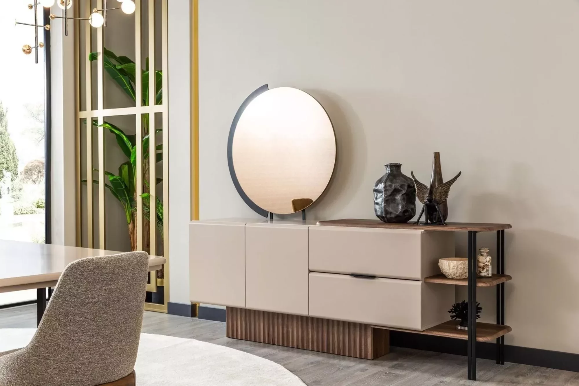 Garnitur Sideboard mit Spiegel Beige Holzschrank Schrank Holz Design