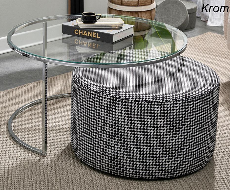 Wohnzimmer-Set Couchtisch Glas und Metall + gepolsterter Sitzhocker