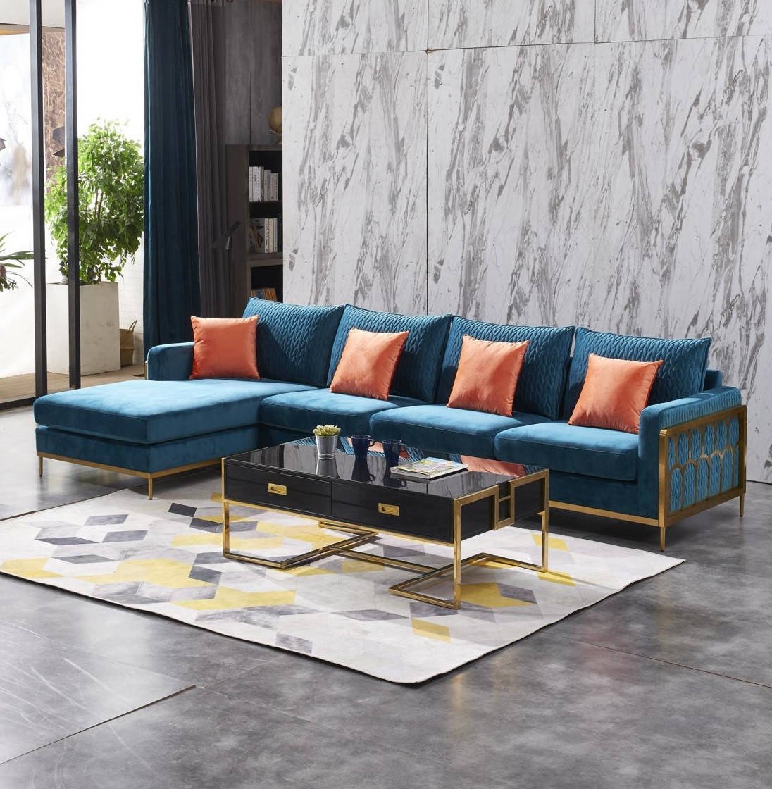 Ecksofa L Form Couchtisch Sofa Couch Design Polster Luxus Blau Tisch 2tlg Metall !