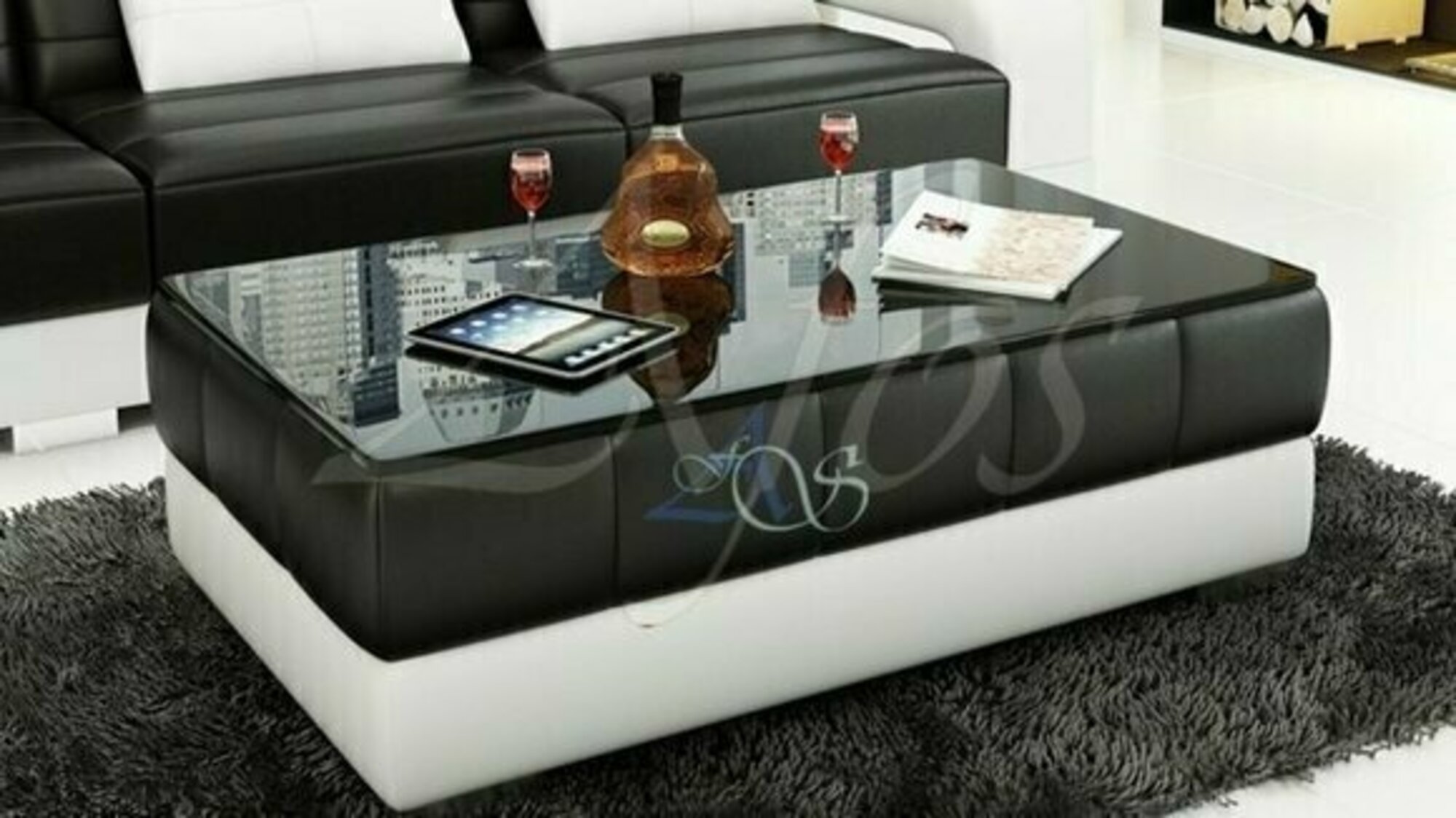 Designer Couchtisch Polster Tisch Leder Glas Moderner Tische Glastische NEU SB26