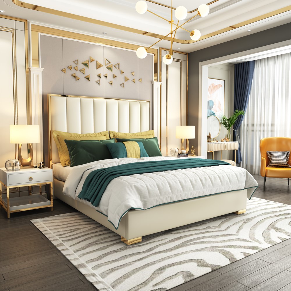 Klassisches Schlafzimmer Bett Weiß Textil Betten Leder Polster Doppel 180x200cm !
