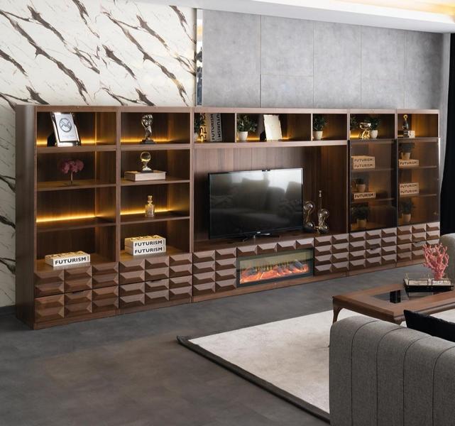 Wohnwand Schrankwand Bücherregal Anbauwand mit Flammeneffekt Elektrokamin