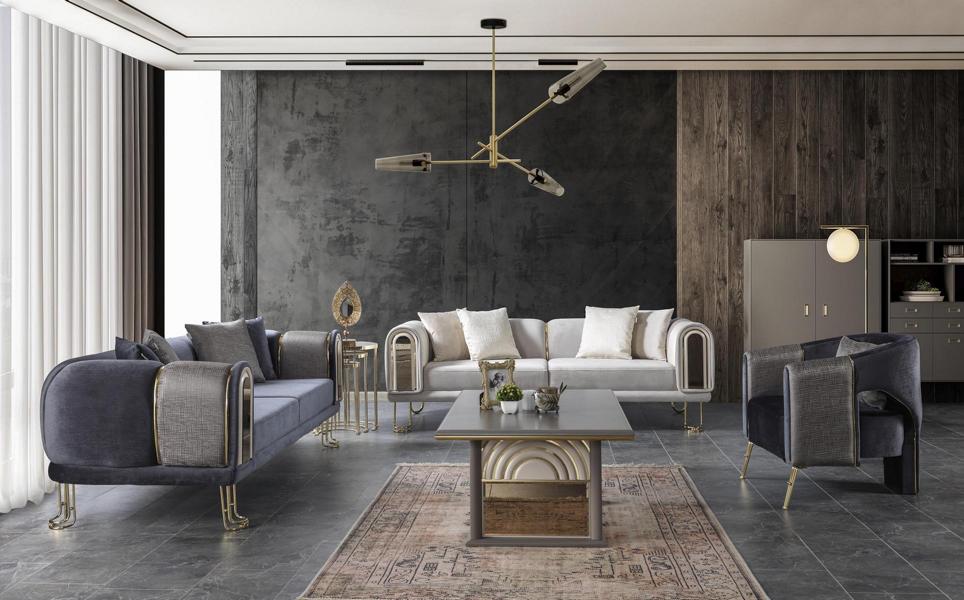 Sofagarnitur Beige 2x 3-Sitzer Sofas 1 Sitzer Blau Stoff Couchen Polster Sofas