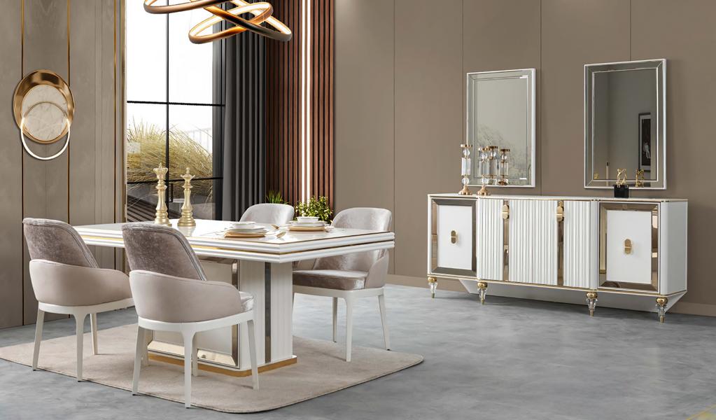 Luxus Esstisch 4x Stühle Sideboard mit 2x Spiegele Esszimmer Weiß Gold 8tlg