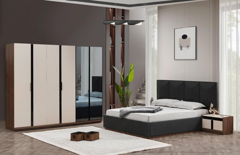 Edle Schlafzimmer Möbel Doppelbett Nachtkonsolen Beiger Kleiderschrank