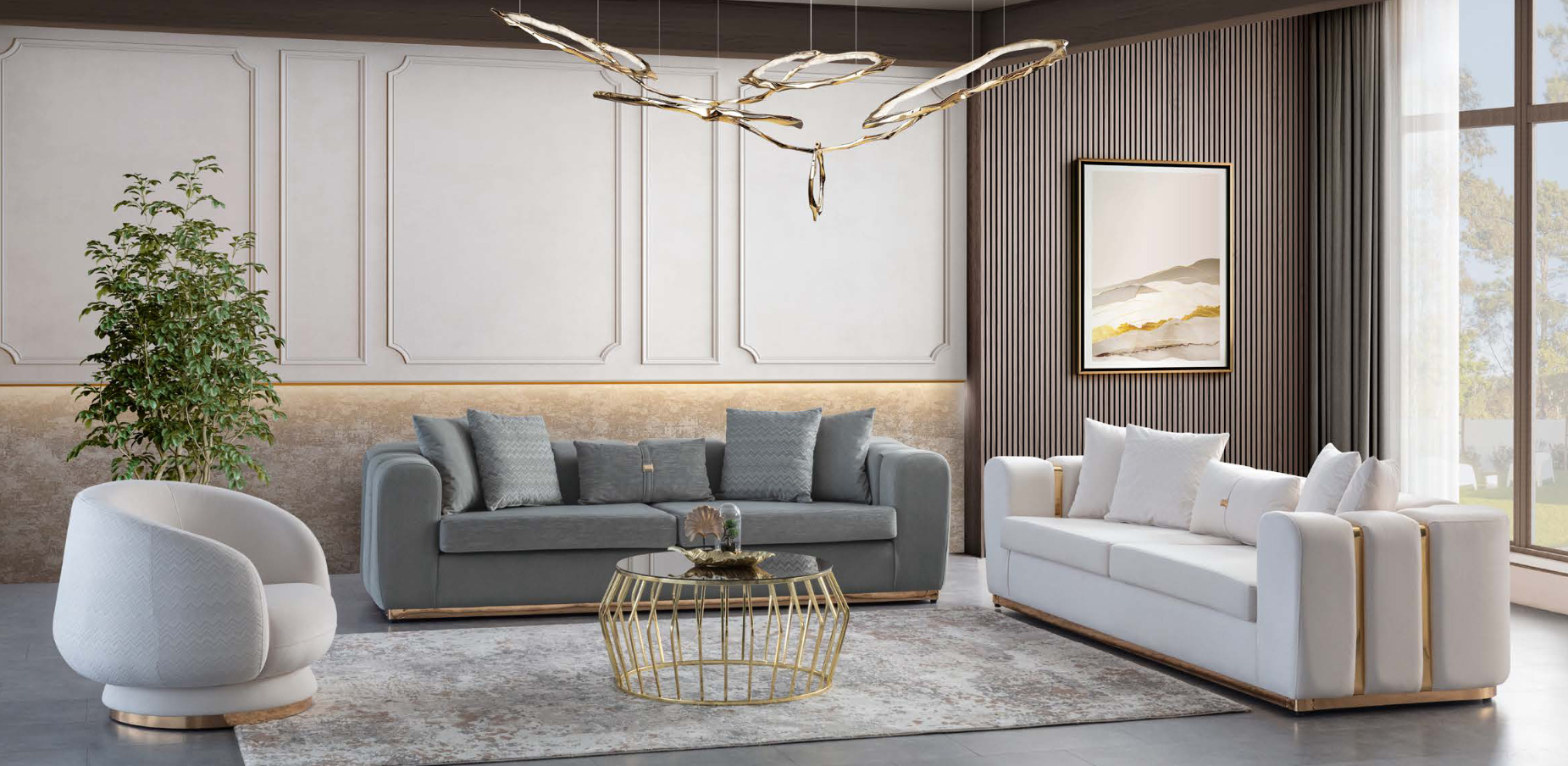 Grau-Weiße Wohnzimmer Polstersofas Sessel 4-Sitzer Möbel