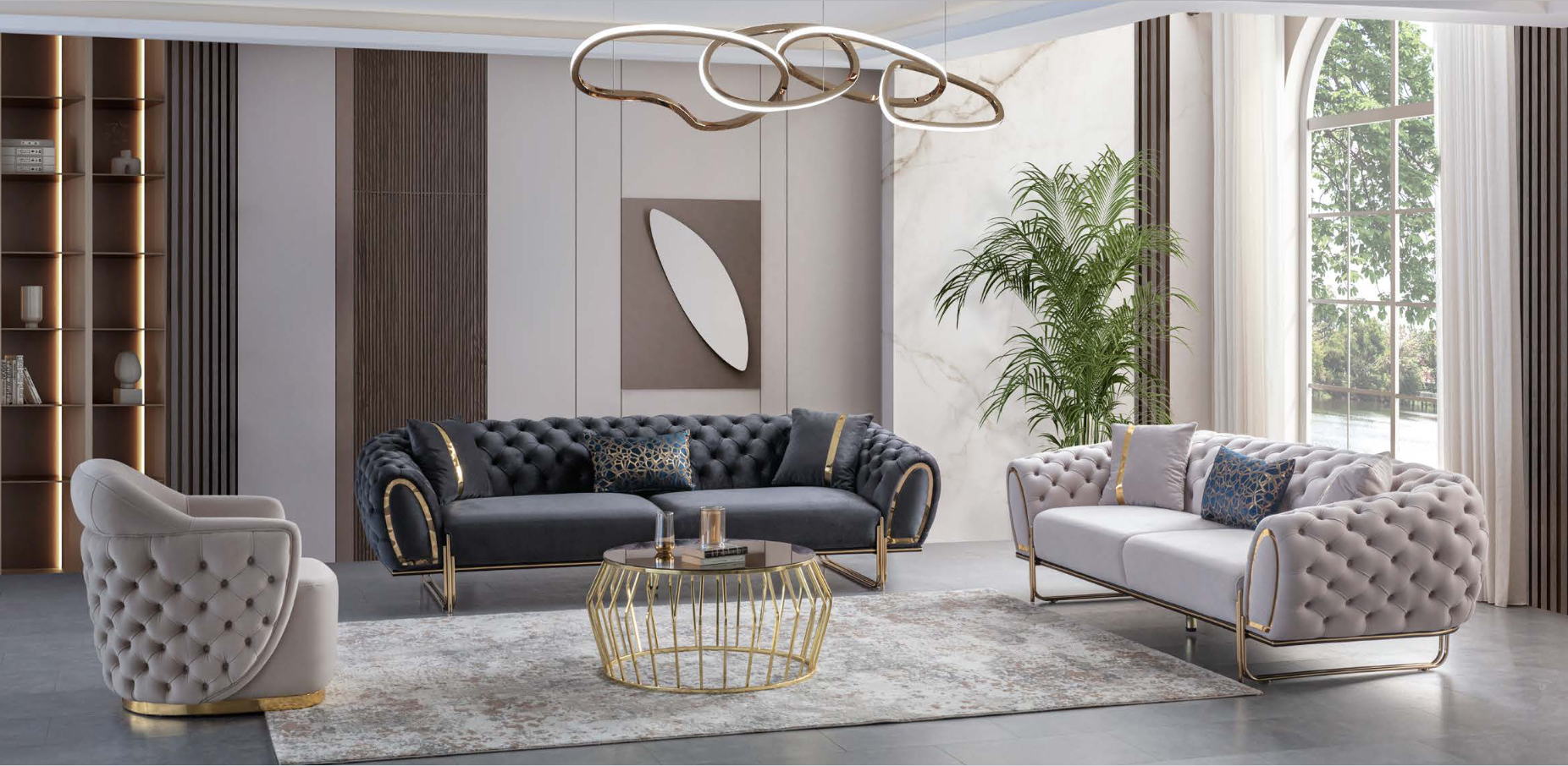 Grau-Weiße Chesterfield Couchgarnitur 2x 3-Sitzer Polster Sessel