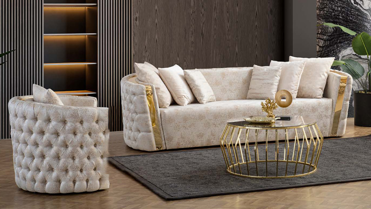 Chesterfield Beige Wohzimmer Sofas Edelstahl 3-Sitzer 1-Sitzer