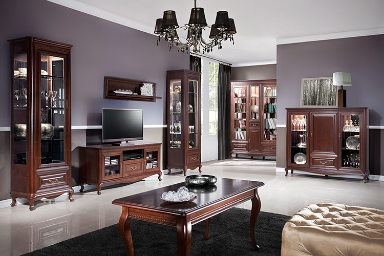 Komplett Wohnzimmer Set Massiv Vitrine Kommode Tisch RTV Klassisch Royal Verona