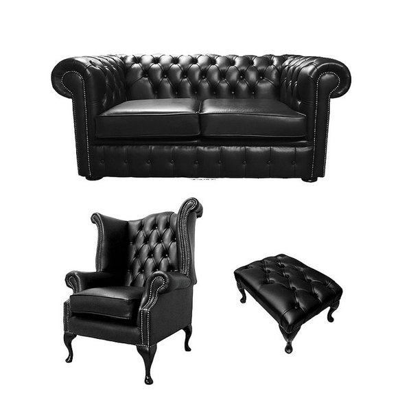 Chesterfield Leder Textil Sofagarnitur Ohrensessel Design Sofa Couch Hocker Neu