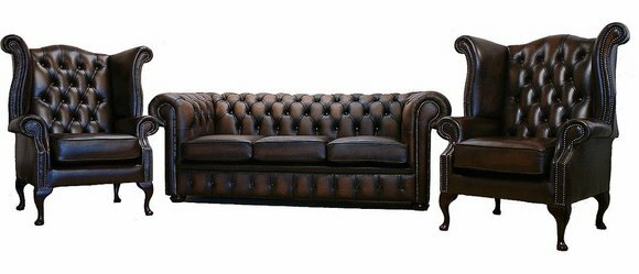 3 tlg. Sofagarnitur 3 Sitzer Couch Ledersofa Chesterfiield + 2x Ohrensessel