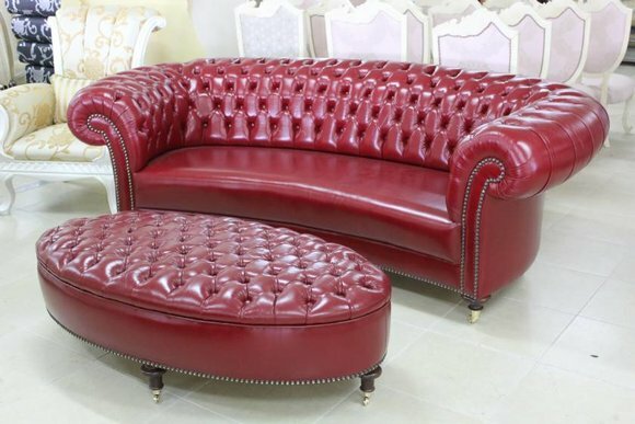 Chesterfield 3 Sitzer + Hocker Couch Garnitur Polstermöbel Leder Sofas