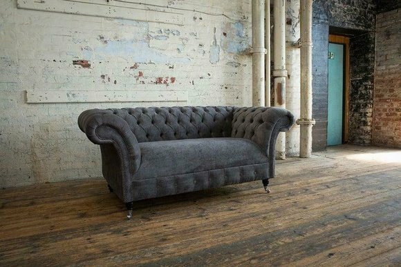 Cheserfield Samt Sofa 2 Sitzer Designer Couchen Couch Stoff Polster Grau