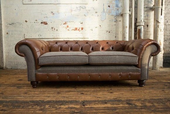 Braune 3 Sitzer Chestrerfield Leder Sofa Couch Polster Garnitur Textil Sofas