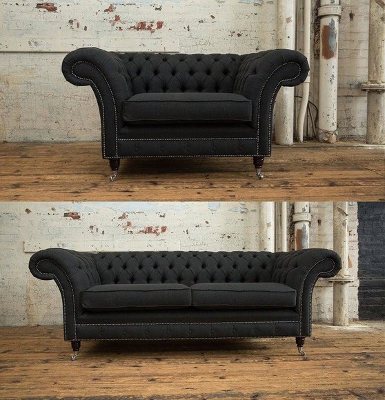 3+1 Sitzer Edle Designer Chesterfield Couch Garnitur Textil Polster Leder