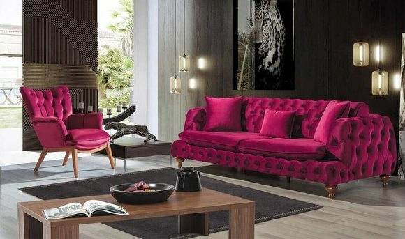 Chesterfield Samt Sofa 3 Sitzer Designer Couchen Couch Stoff Polster Pink
