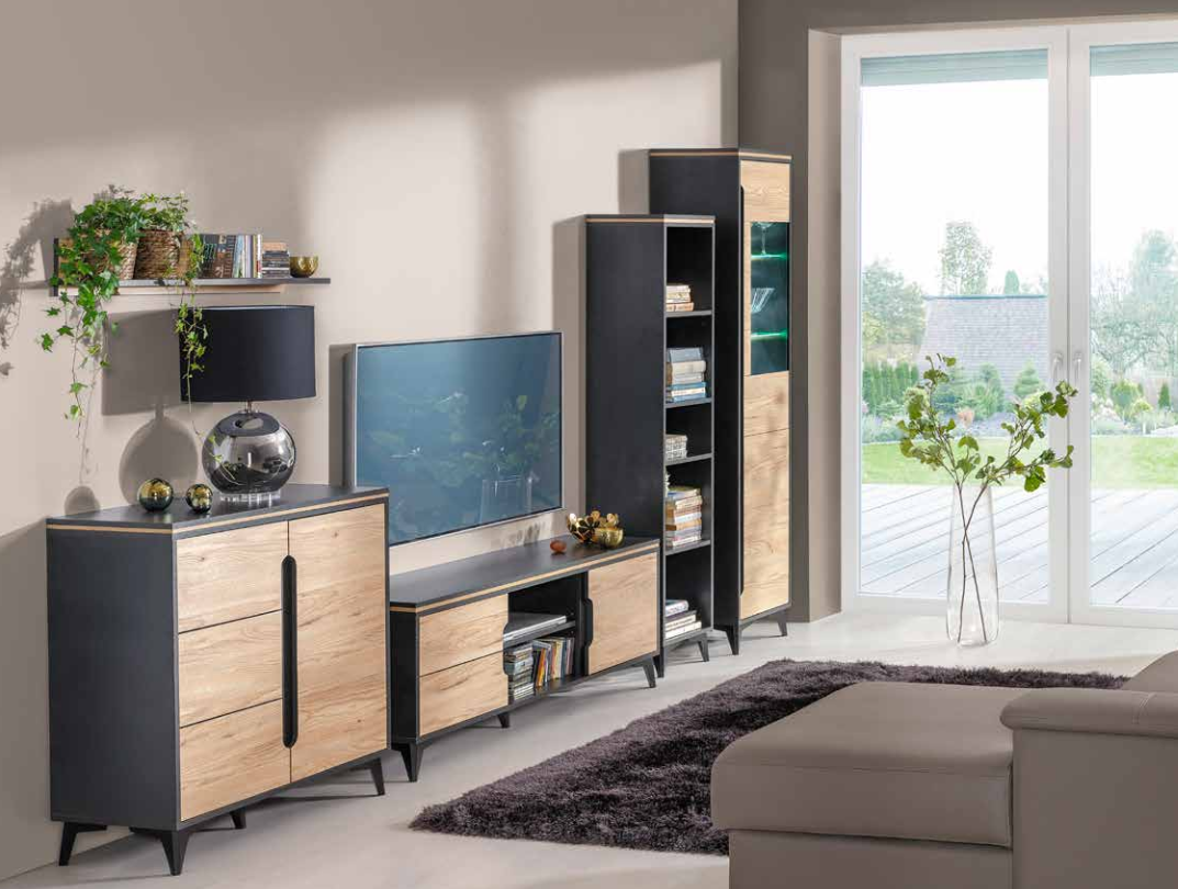 Edle Designer Wohnwand Grau Beige Wohnwände Vitrine Kommode Wohnzimmer