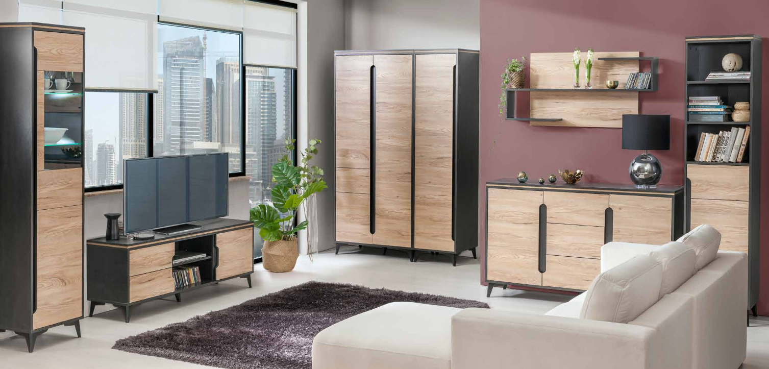 Wohnzimmerset Wohnwand Vitrine Kommode Tisch RTV Vitrinen Komplett