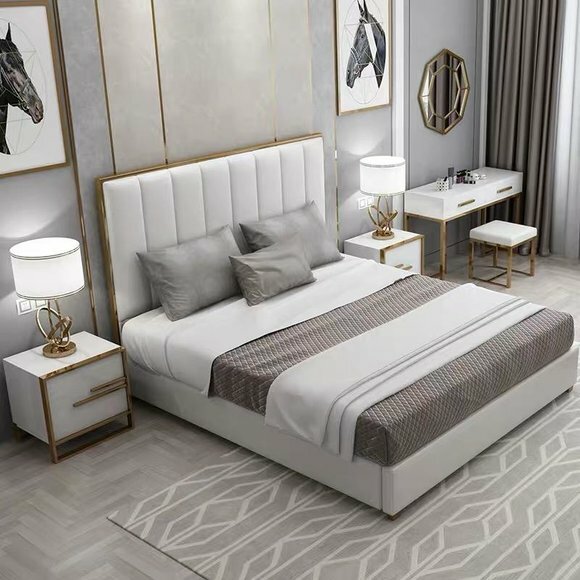 Bett Polster Design Luxus Doppel Betten Beige180x200cm Schlaf Zimmer Leder Hotel