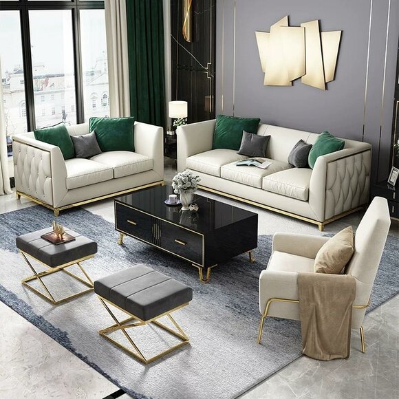 Sofa Polster Sitz Couch Garnitur Leder Wohnzimmer Sofas Set 3tlg Hocker