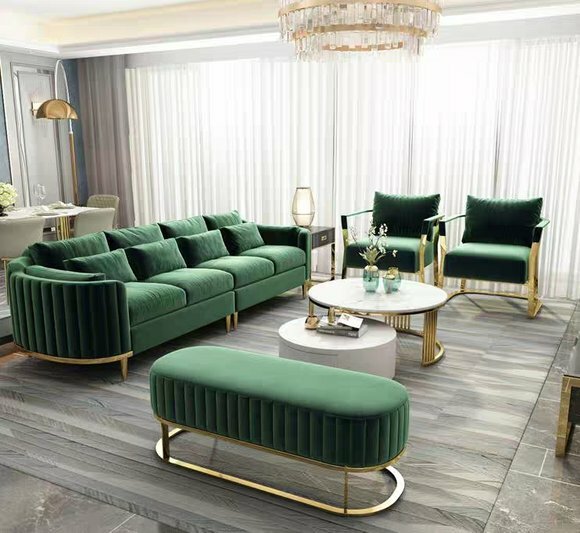 Designer Luxus Couch Grün Set Polster Garnitur Textil Samt Stoff Sofa