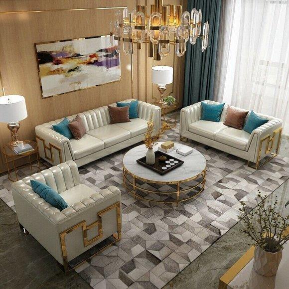 Luxus Edelstahl Leder Couch Polster Sitz 3+2+1 Set Wohnzimmer Garnitur