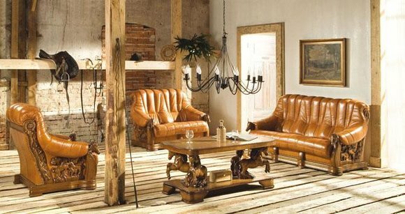 Wohnzimmer Sofagarnitur Couch Polster Sitz Sofa Leder Holz 3+1+1 Set