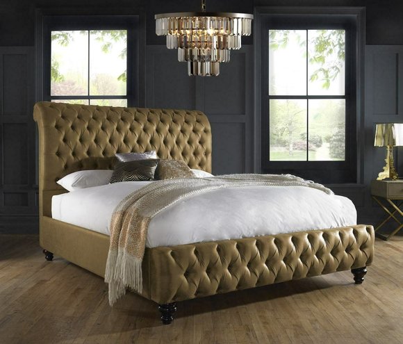 Gold Luxus Samt Textil England Bett Doppel Design Chesterfield 160x200cm
