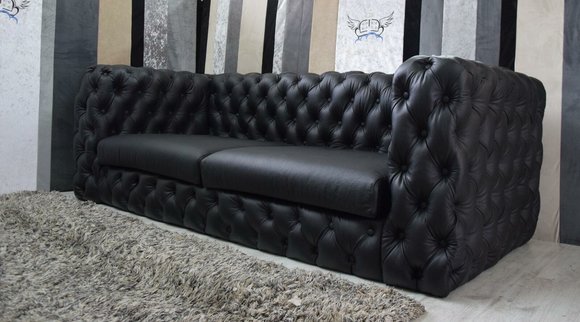 Schwarze Chesterfield 3 Sitzer Couch Sofa 100% Vollleder Designer Garnitur
