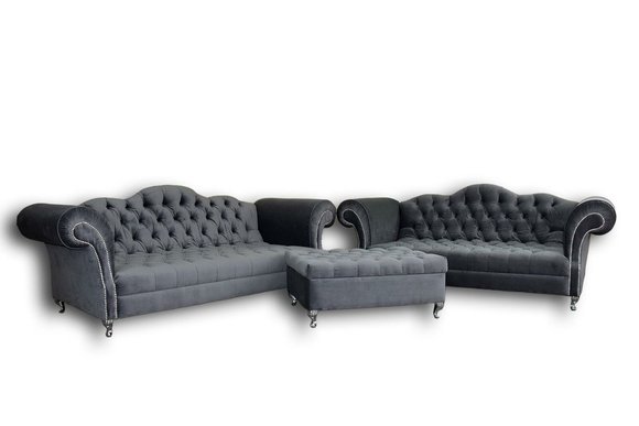 Sofagarnitur 3+2 Sitzers + Hocker Chesterfield Sofa Stoff Leder Couchen