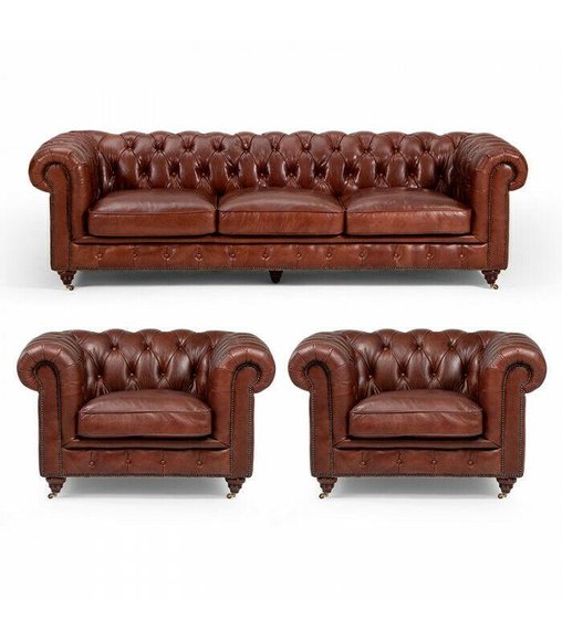 Sofagarnitur 3+1+1 Sitzers Klassische Luxus Chesterfield Sofa Leder Couch