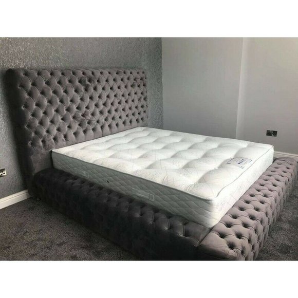 Chesterfield Bett Schlafzimmer Betten Textil 180x200cm Samt Big Hotel Grau Neu