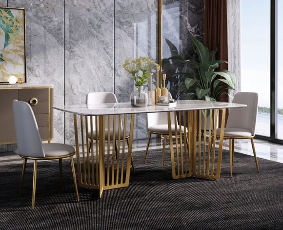Luxus Esstisch Leder + Edelstahl Marmor Imitation Stein Tisch Esszimmer 160x90cm