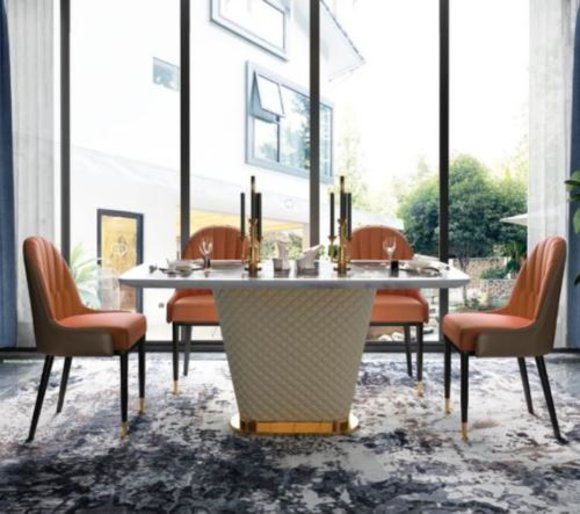 Luxus Designer Esszimmer mit Runden Esstisch & 4 x Lehn Stühle Metall Leder Neu
